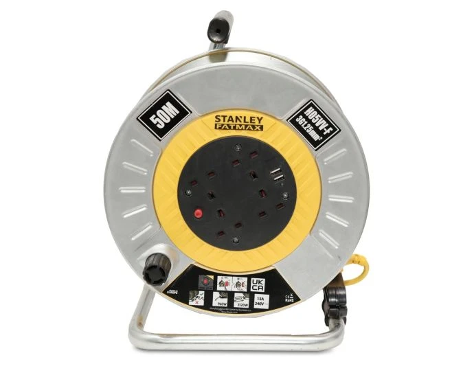 Stanley SXECGM2OHXE 240V Open Metal Drum Cable Reel 13A 4-Socket With 2 USB 50M